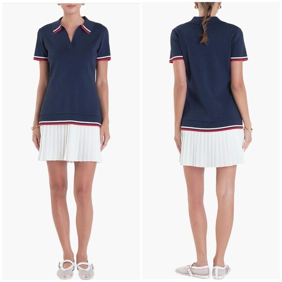 English Factory Sports Club Polo Minidress Navy Pleated Hem Preppy Tennis Small - Picture 1 of 12